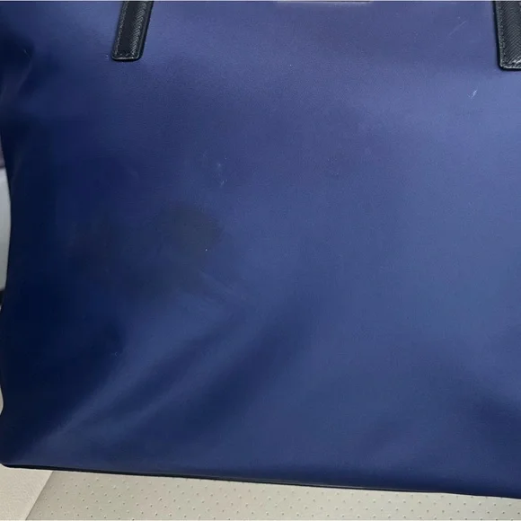 Kate Spade New York Navy Blue Nylon Tote Work Bag Zip Top Black Leather Handles - Picture 2 of 11